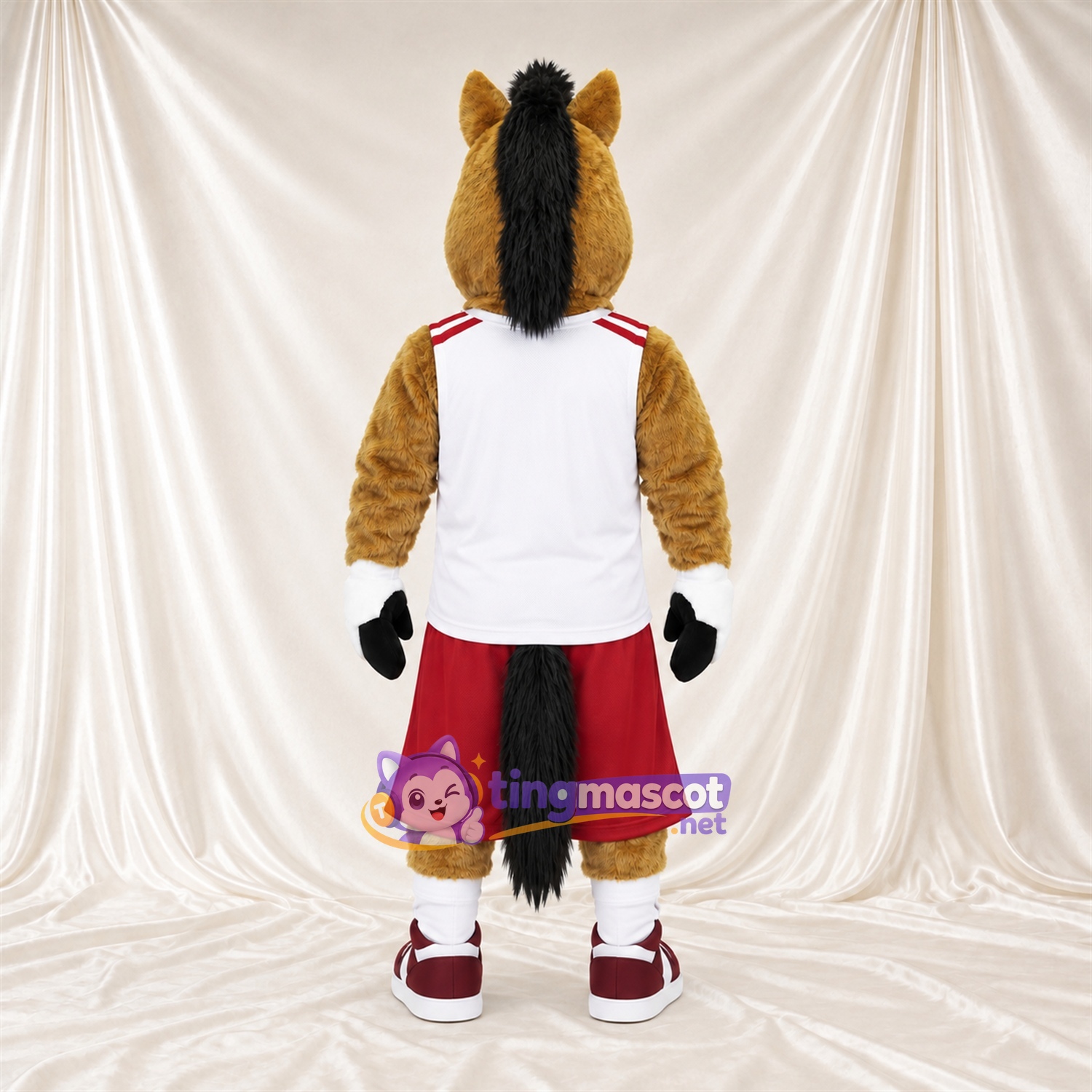 Brown Horse Mascot Costume - White Jersey and Red Shorts Brown Horse Mascot Costume - White Jersey and Red Shorts