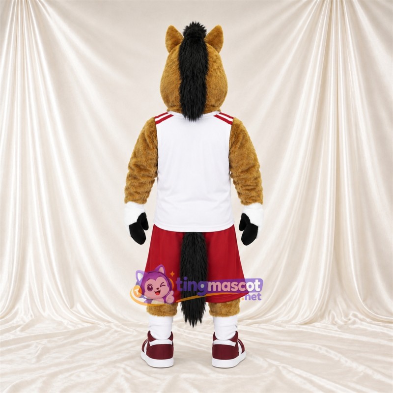 Brown Horse Mascot Costume - White Jersey and Red Shorts Brown Horse Mascot Costume - White Jersey and Red Shorts