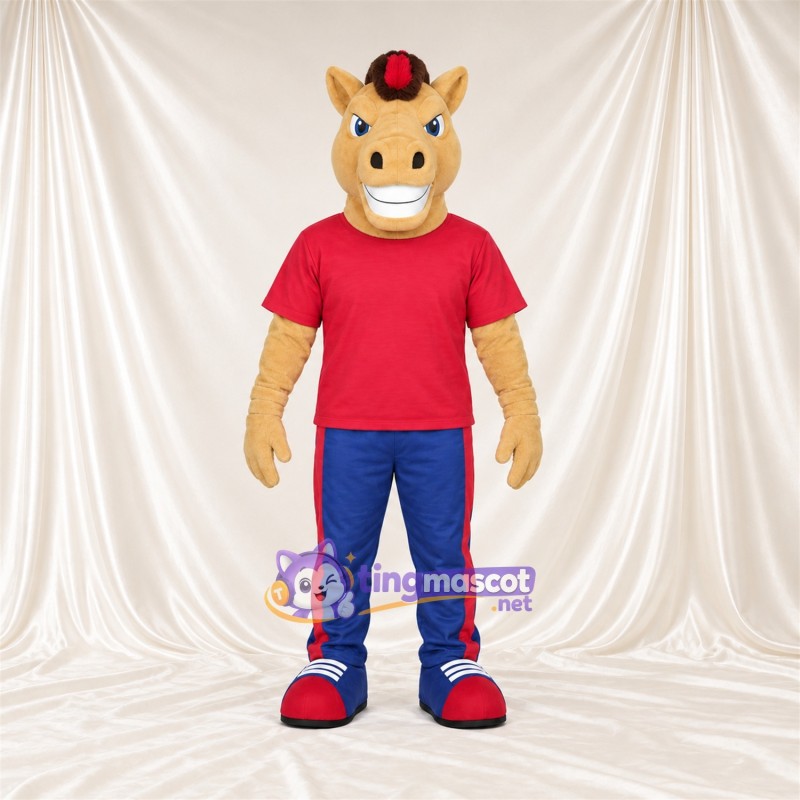 Costume de mascotte Cheval – brun clair – Chemise (rouge); Pantalon (bleu) Costume de mascotte Cheval – brun clair – Chemise (rouge); Pantalon (bleu)