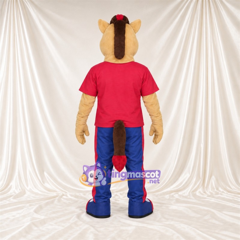 Costume de mascotte Cheval – brun clair – Chemise (rouge); Pantalon (bleu) Costume de mascotte Cheval – brun clair – Chemise (rouge); Pantalon (bleu)