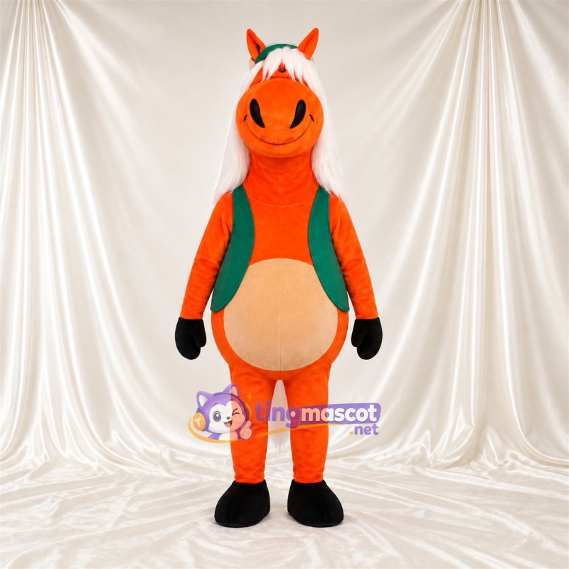 Costume de mascotte Cheval – orange – Gilet (vert); Crinière (blanc) Costume de mascotte Cheval – orange – Gilet (vert); Crinière (blanc)