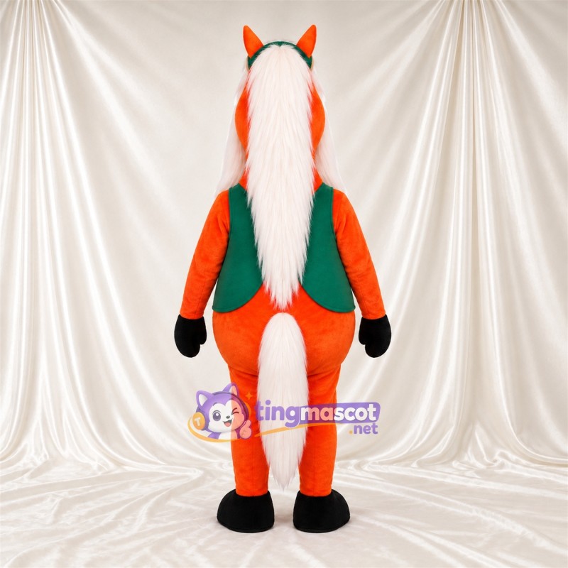 Costume de mascotte Cheval – orange – Gilet (vert); Crinière (blanc) Costume de mascotte Cheval – orange – Gilet (vert); Crinière (blanc)