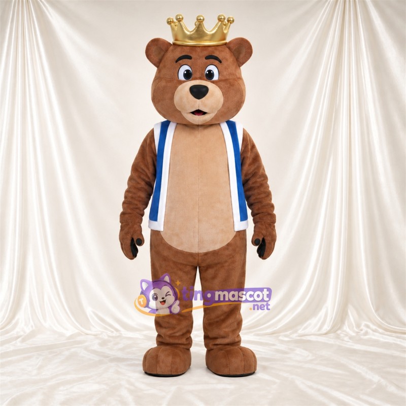 Maskottchenkostüm Bär – braun – Krone; Weste (blau) Maskottchenkostüm Bär – braun – Krone; Weste (blau)