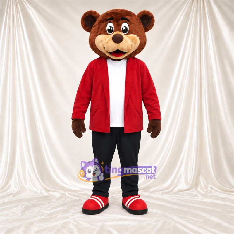 Maskottchenkostüm Bär – braun – Jacke (rot); Hose (schwarz) Maskottchenkostüm Bär – braun – Jacke (rot); Hose (schwarz)
