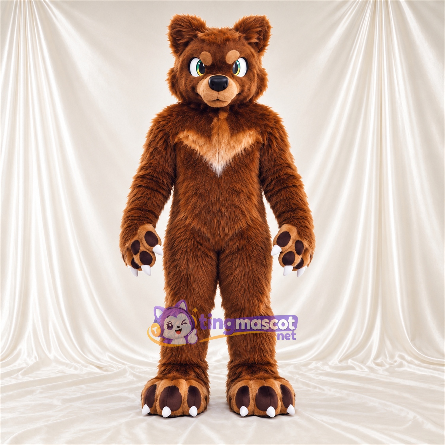 Maskottchenkostüm Bär – braun – Brust (creme); Pfotenballen (schwarz) Maskottchenkostüm Bär – braun – Brust (creme); Pfotenballen (schwarz)
