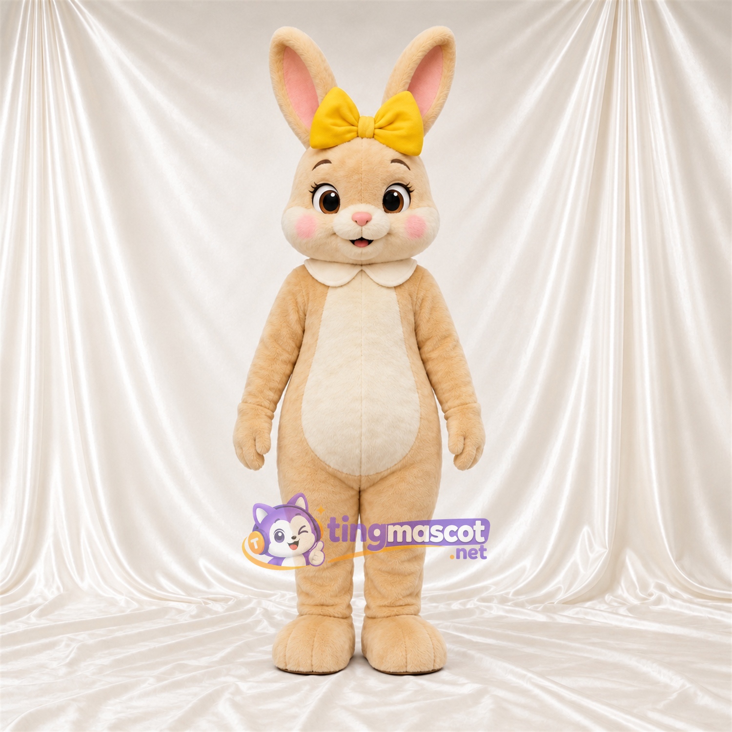 Costume de mascotte Lapin – brun clair – Nœud (jaune) Costume de mascotte Lapin – brun clair – Nœud (jaune)