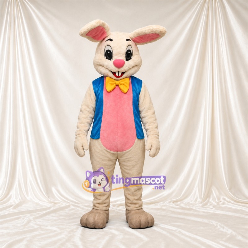 Costume de mascotte Lapin – brun clair – Gilet (bleu); Nœud papillon (jaune) Costume de mascotte Lapin – brun clair – Gilet (bleu); Nœud papillon (jaune)