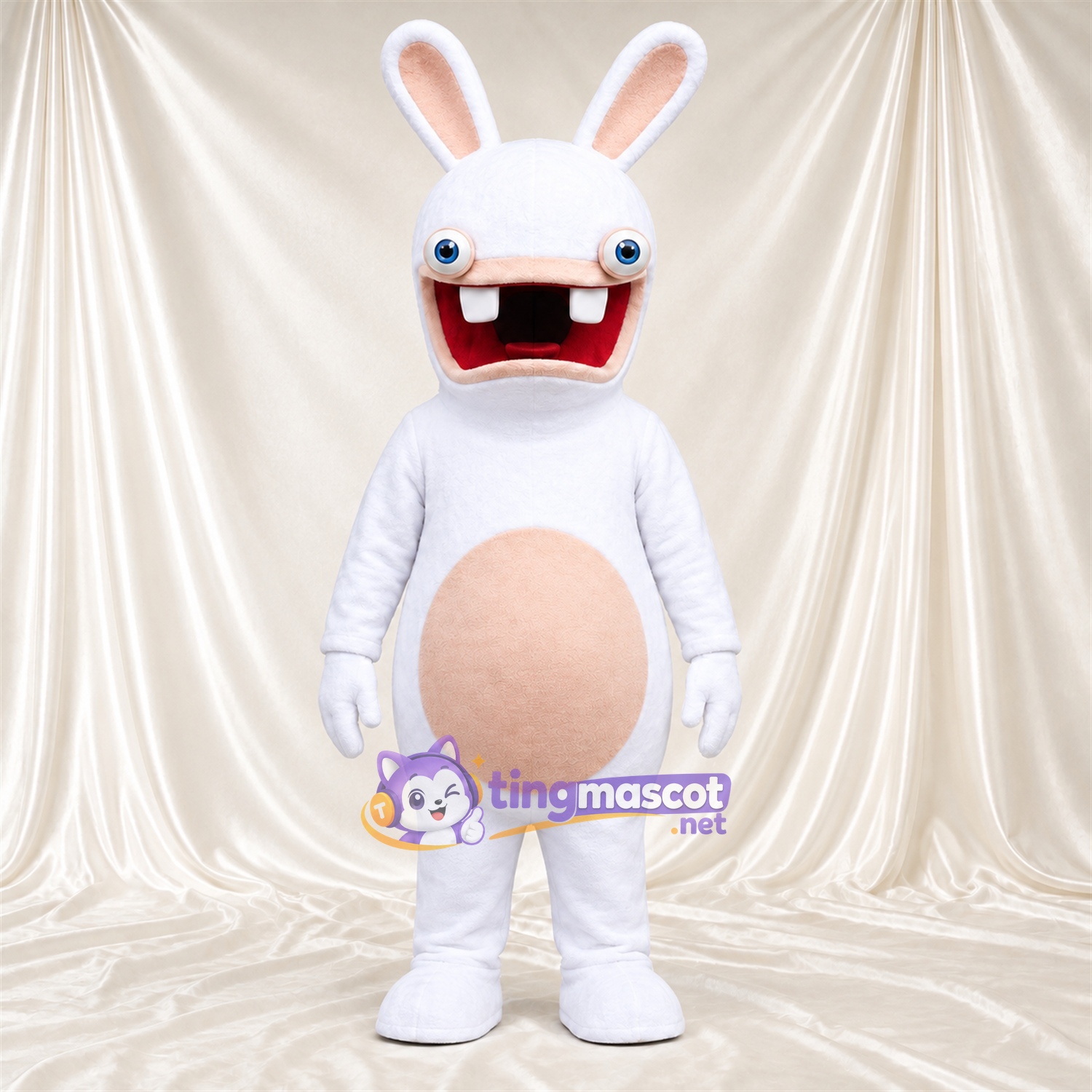 Costume de mascotte Lapin – blanc – Bouche ouverte; Grandes incisives Costume de mascotte Lapin – blanc – Bouche ouverte; Grandes incisives
