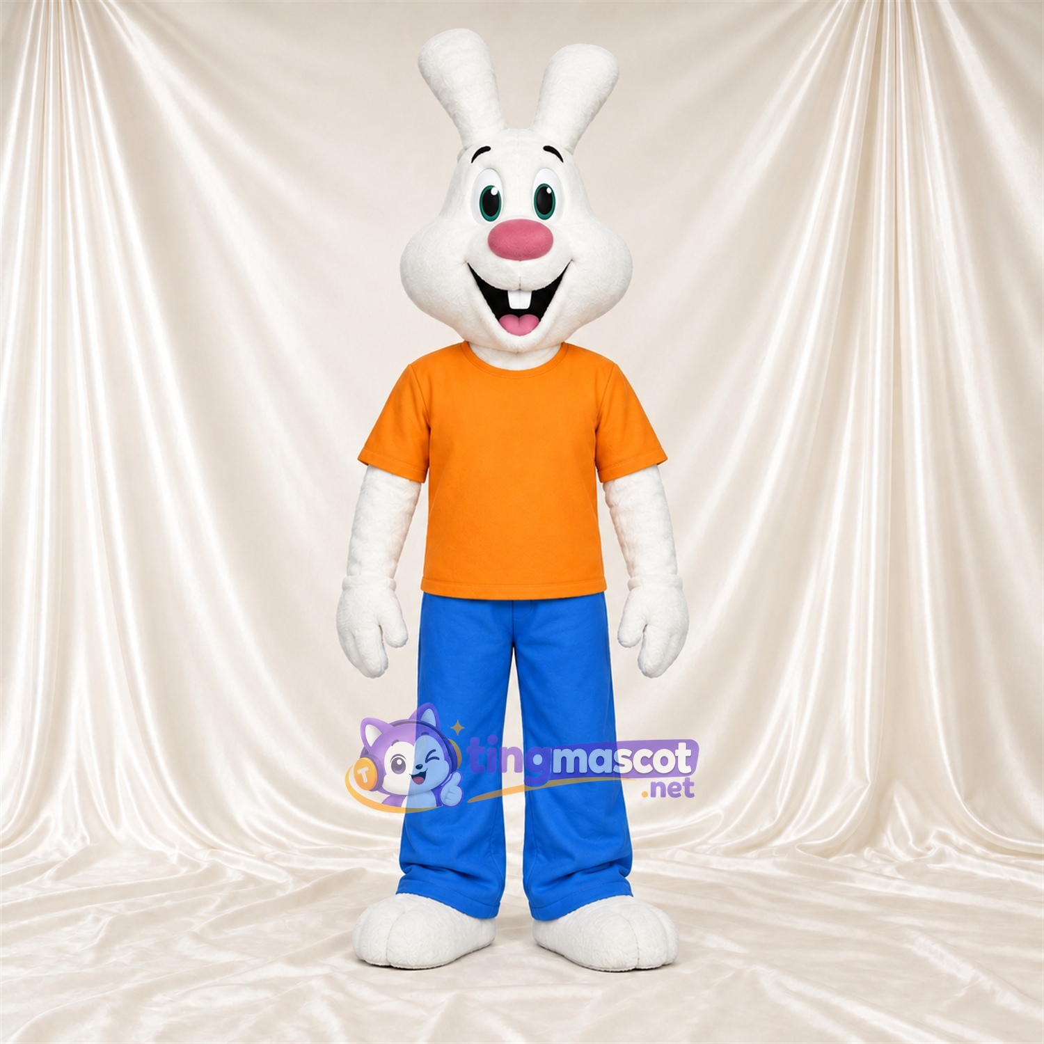 Costume de mascotte Lapin – blanc – Chemise (orange); Pantalon (bleu) Costume de mascotte Lapin – blanc – Chemise (orange); Pantalon (bleu)
