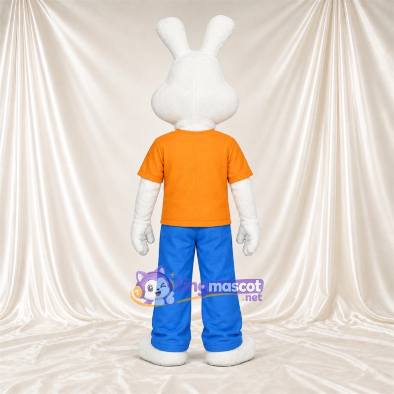 Costume de mascotte Lapin – blanc – Chemise (orange); Pantalon (bleu) Costume de mascotte Lapin – blanc – Chemise (orange); Pantalon (bleu)