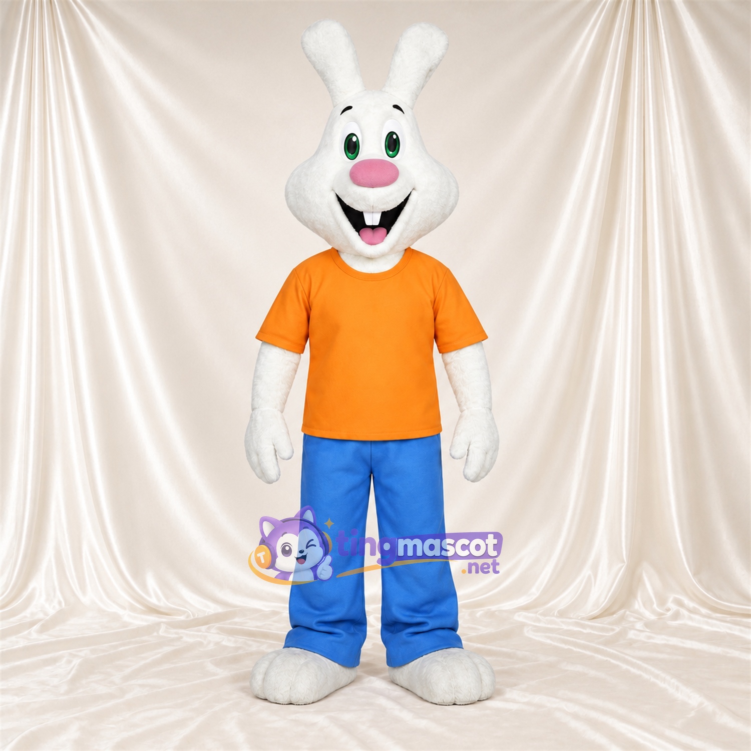 Costume de mascotte Lapin – blanc – Chemise (orange); Pantalon (bleu) Costume de mascotte Lapin – blanc – Chemise (orange); Pantalon (bleu)