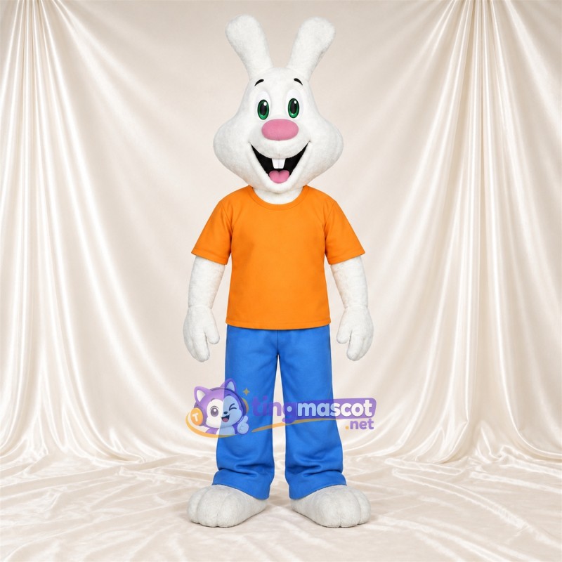 Costume de mascotte Lapin – blanc – Chemise (orange); Pantalon (bleu) Costume de mascotte Lapin – blanc – Chemise (orange); Pantalon (bleu)