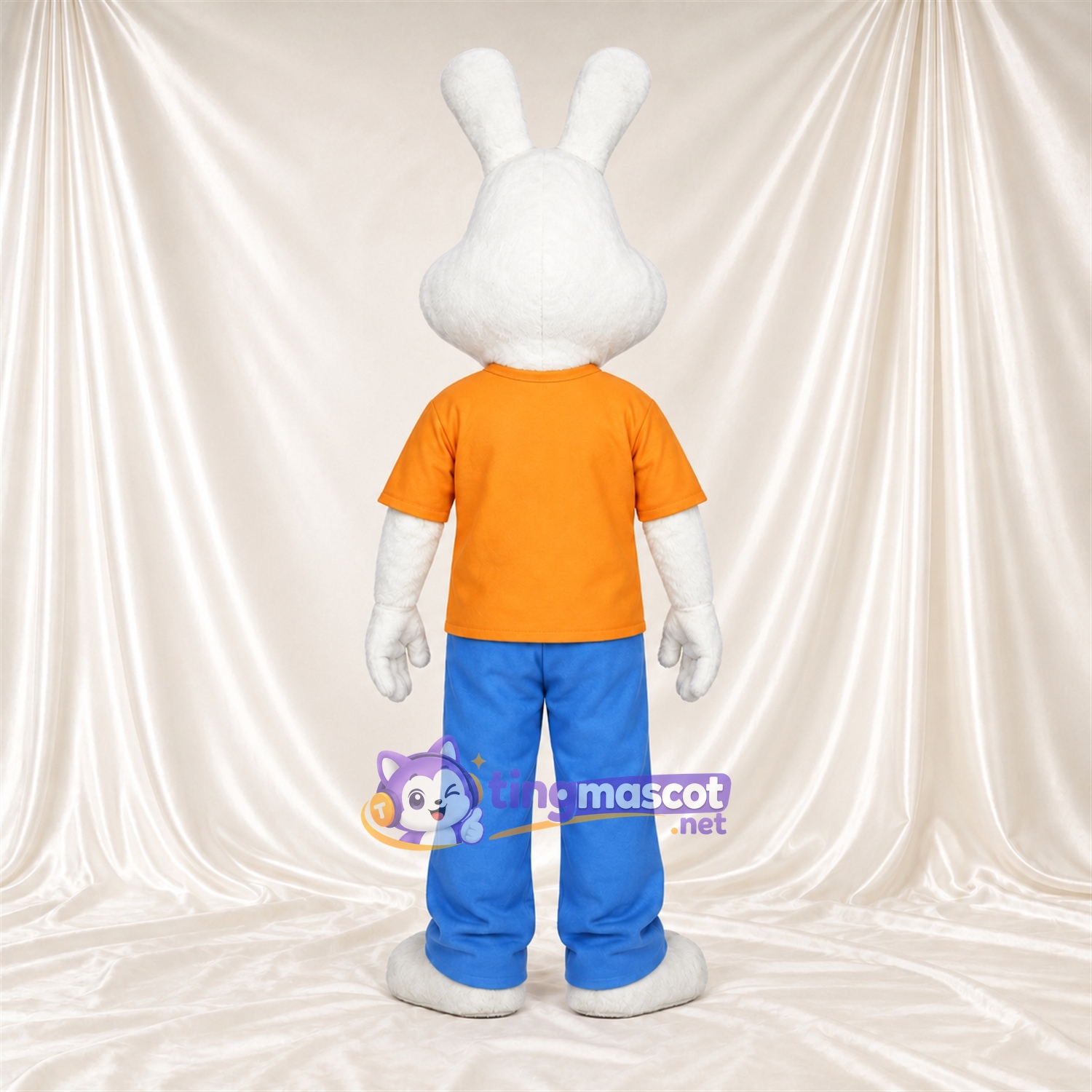 Costume de mascotte Lapin – blanc – Chemise (orange); Pantalon (bleu) Costume de mascotte Lapin – blanc – Chemise (orange); Pantalon (bleu)