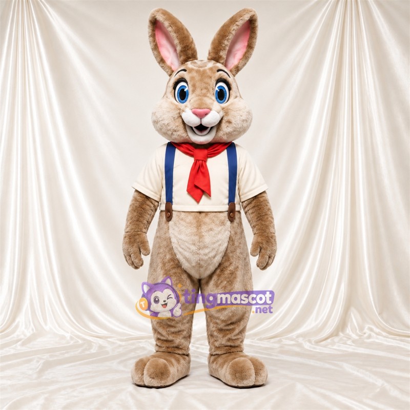 Costume de mascotte Lapin – brun clair – Bretelles; Écharpe (rouge) Costume de mascotte Lapin – brun clair – Bretelles; Écharpe (rouge)