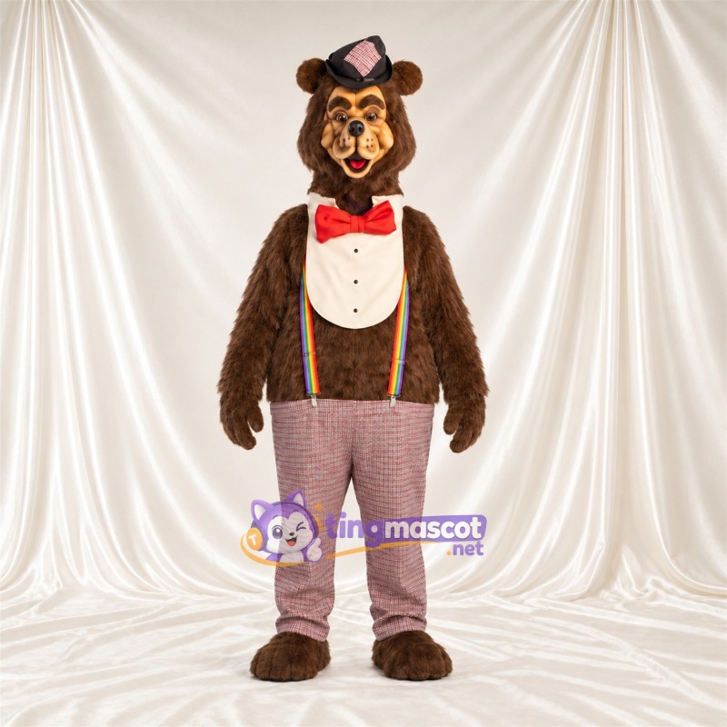Maskottchenkostüm Bär – braun – Fliege (rot); Hose (rosa) Maskottchenkostüm Bär – braun – Fliege (rot); Hose (rosa)