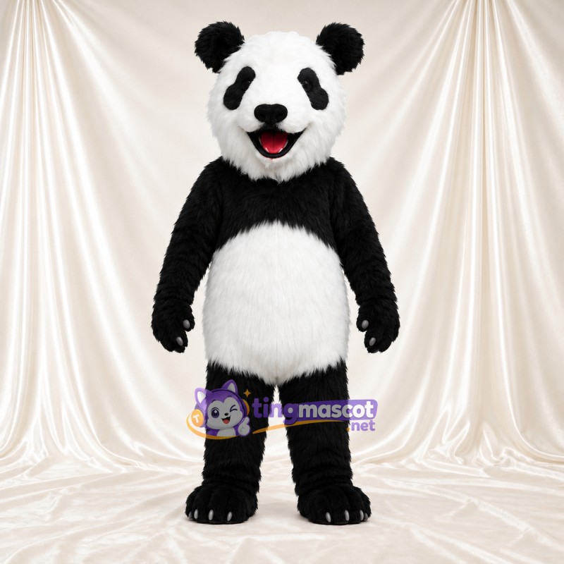 Black and White Panda Mascot Costume - Pink Tongue and Round Belly Black and White Panda Mascot Costume - Pink Tongue and Round Belly
