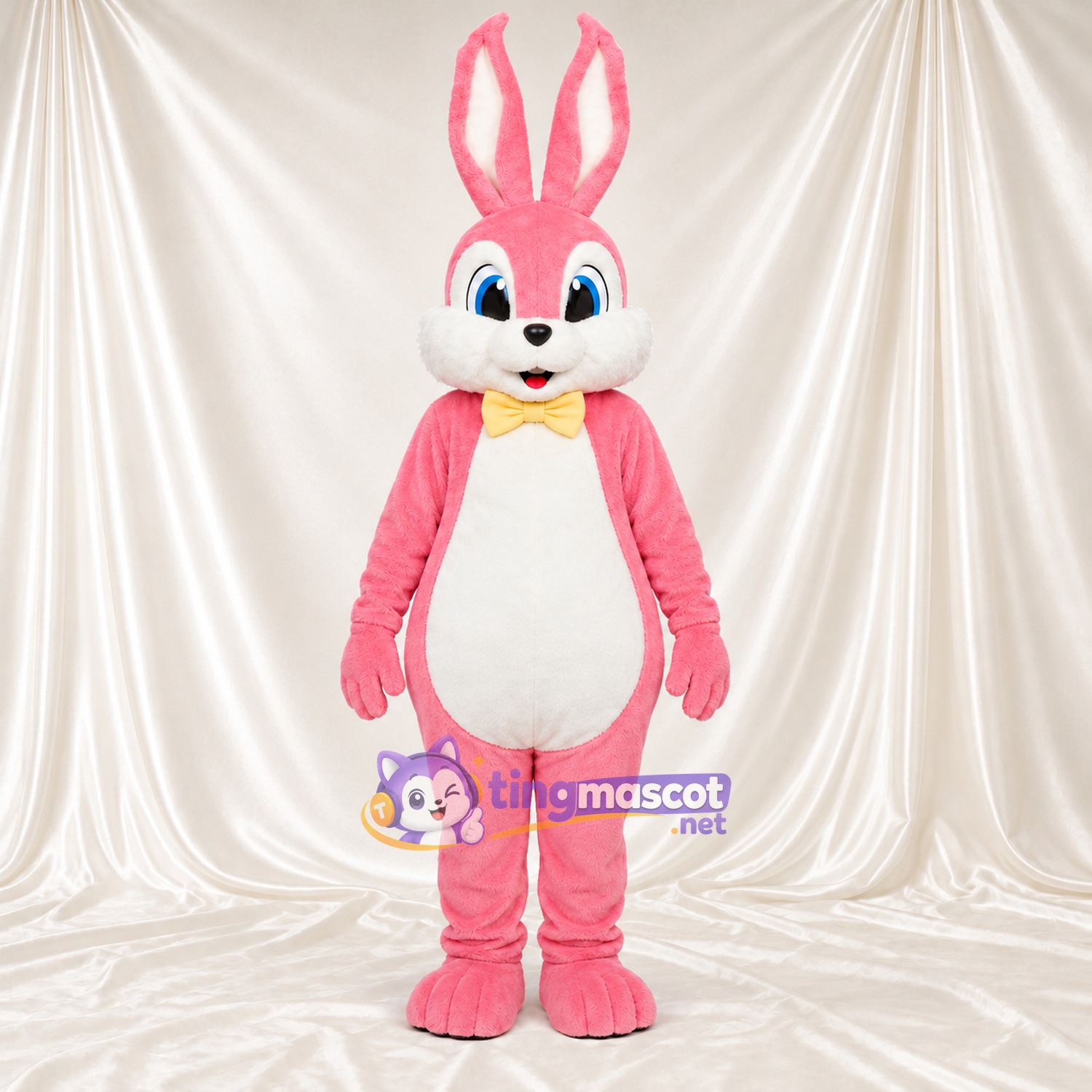 Costume de mascotte Lapin – rose – Nœud papillon (jaune); Longues oreilles