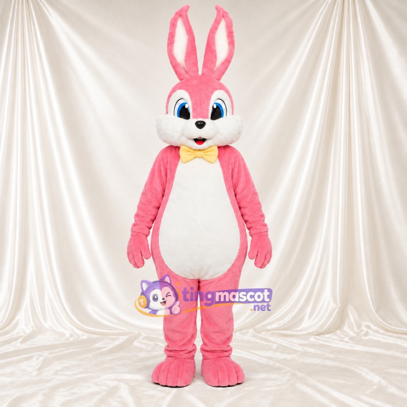 Costume de mascotte Lapin – rose – Nœud papillon (jaune); Longues oreilles Costume de mascotte Lapin – rose – Nœud papillon (jaune); Longues oreilles