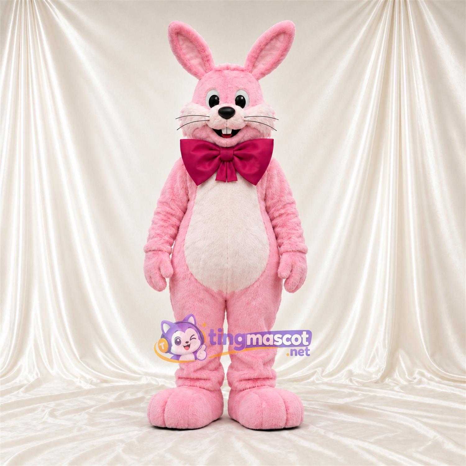 Costume de mascotte Lapin – rose – Nœud papillon (bordeaux); Ventre (blanc)