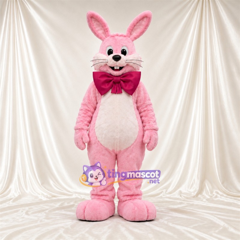 Costume de mascotte Lapin – rose – Nœud papillon (bordeaux); Ventre (blanc) Costume de mascotte Lapin – rose – Nœud papillon (bordeaux); Ventre (blanc)
