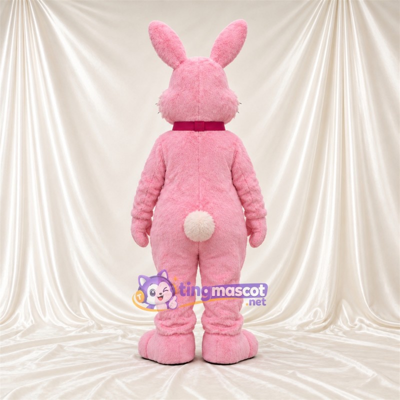 Costume de mascotte Lapin – rose – Nœud papillon (bordeaux); Ventre (blanc)