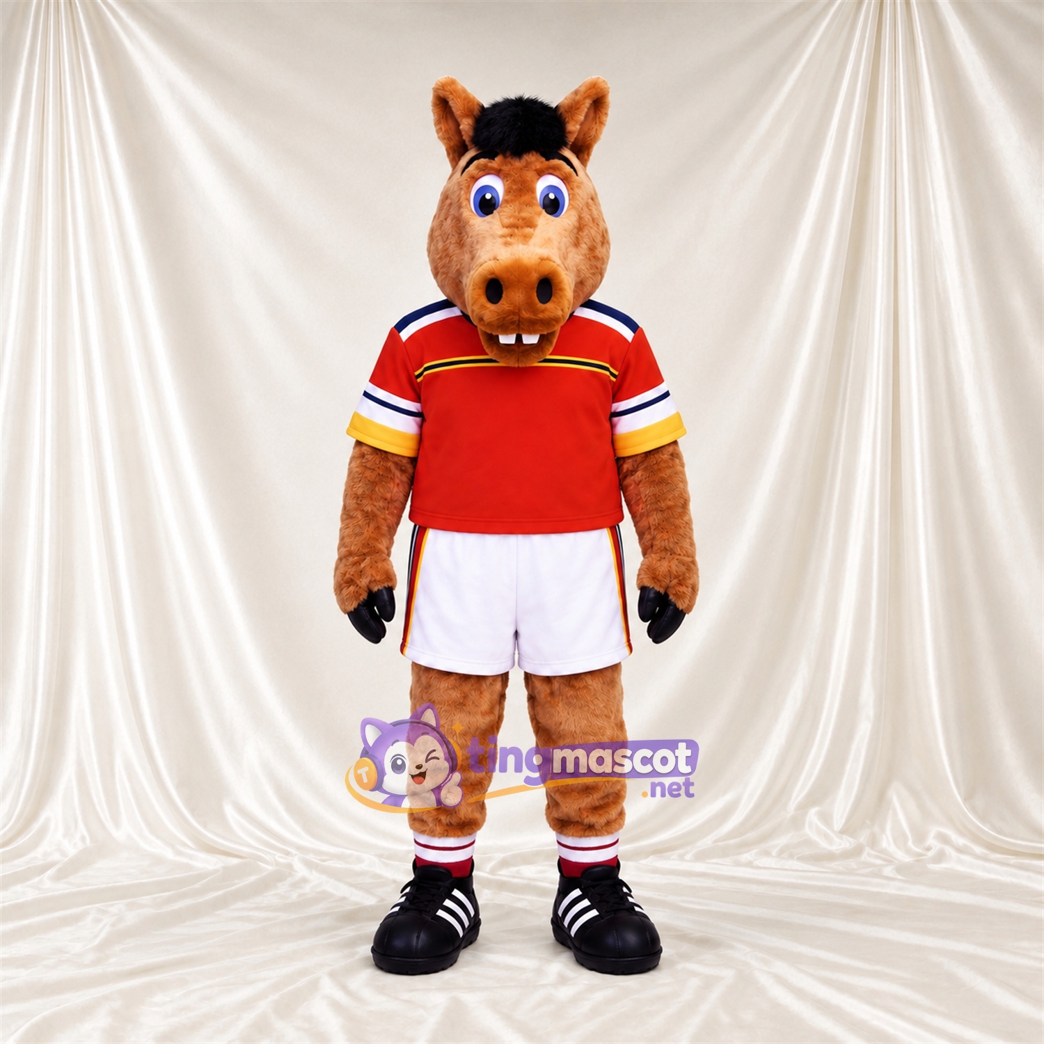 Brown Horse Mascot Costume - Red Jersey and White Shorts Brown Horse Mascot Costume - Red Jersey and White Shorts