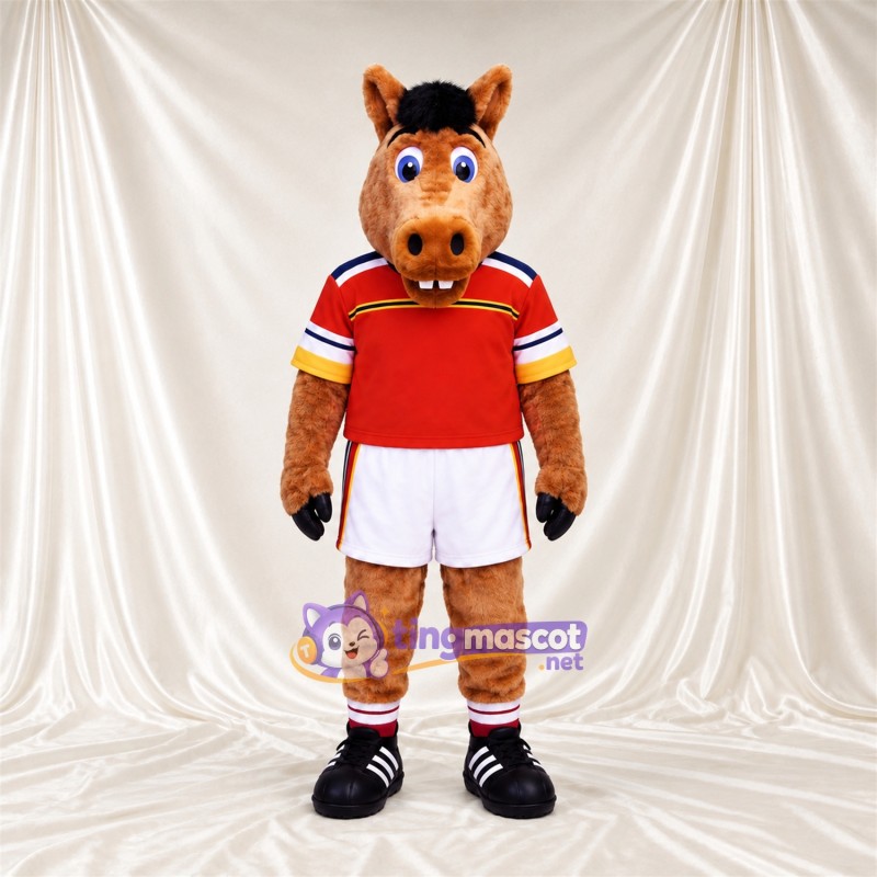 Brown Horse Mascot Costume - Red Jersey and White Shorts Brown Horse Mascot Costume - Red Jersey and White Shorts