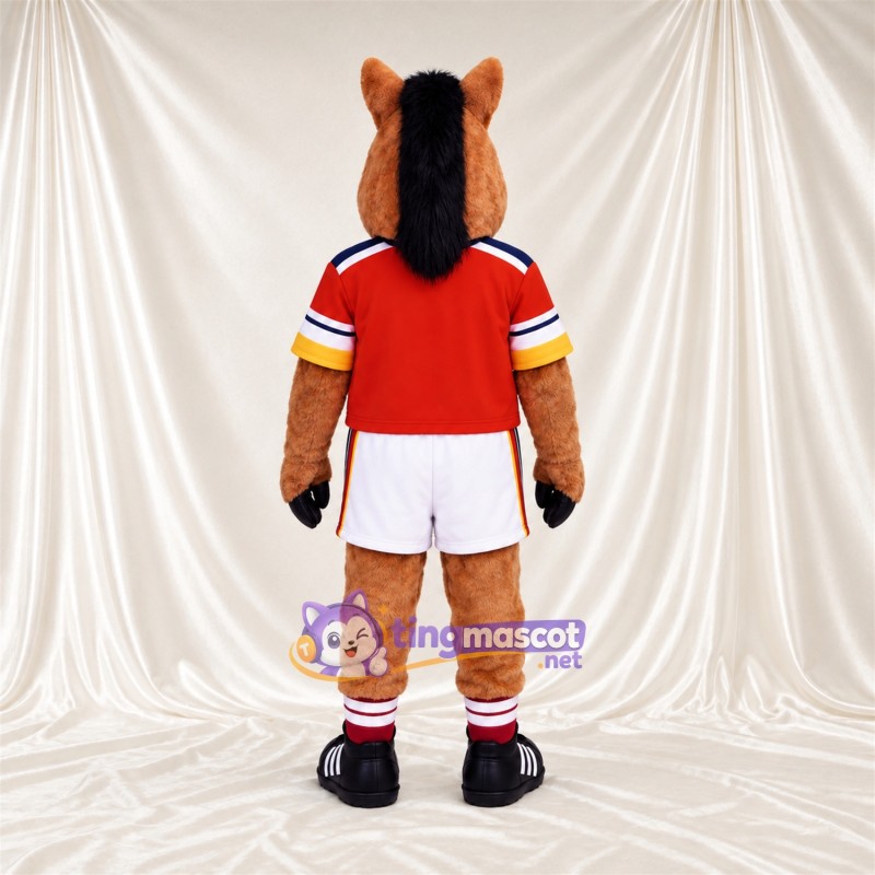 Brown Horse Mascot Costume - Red Jersey and White Shorts Brown Horse Mascot Costume - Red Jersey and White Shorts