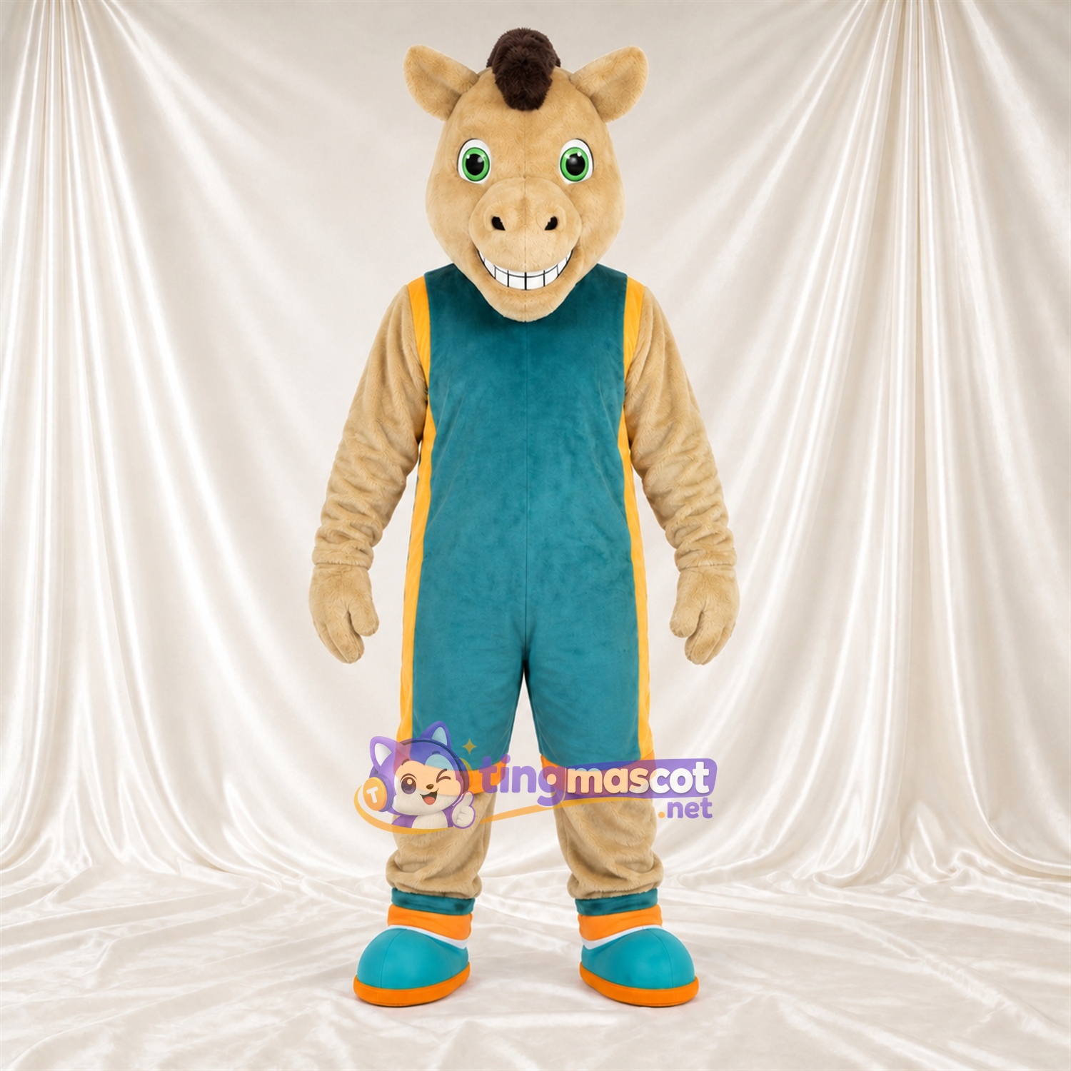 Costume de mascotte Cheval – brun clair – Salopette (bleu canard) Costume de mascotte Cheval – brun clair – Salopette (bleu canard)