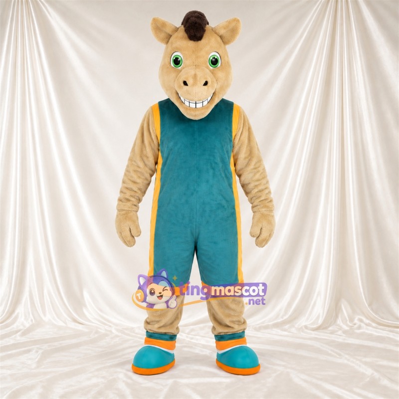 Costume de mascotte Cheval – brun clair – Salopette (bleu canard) Costume de mascotte Cheval – brun clair – Salopette (bleu canard)