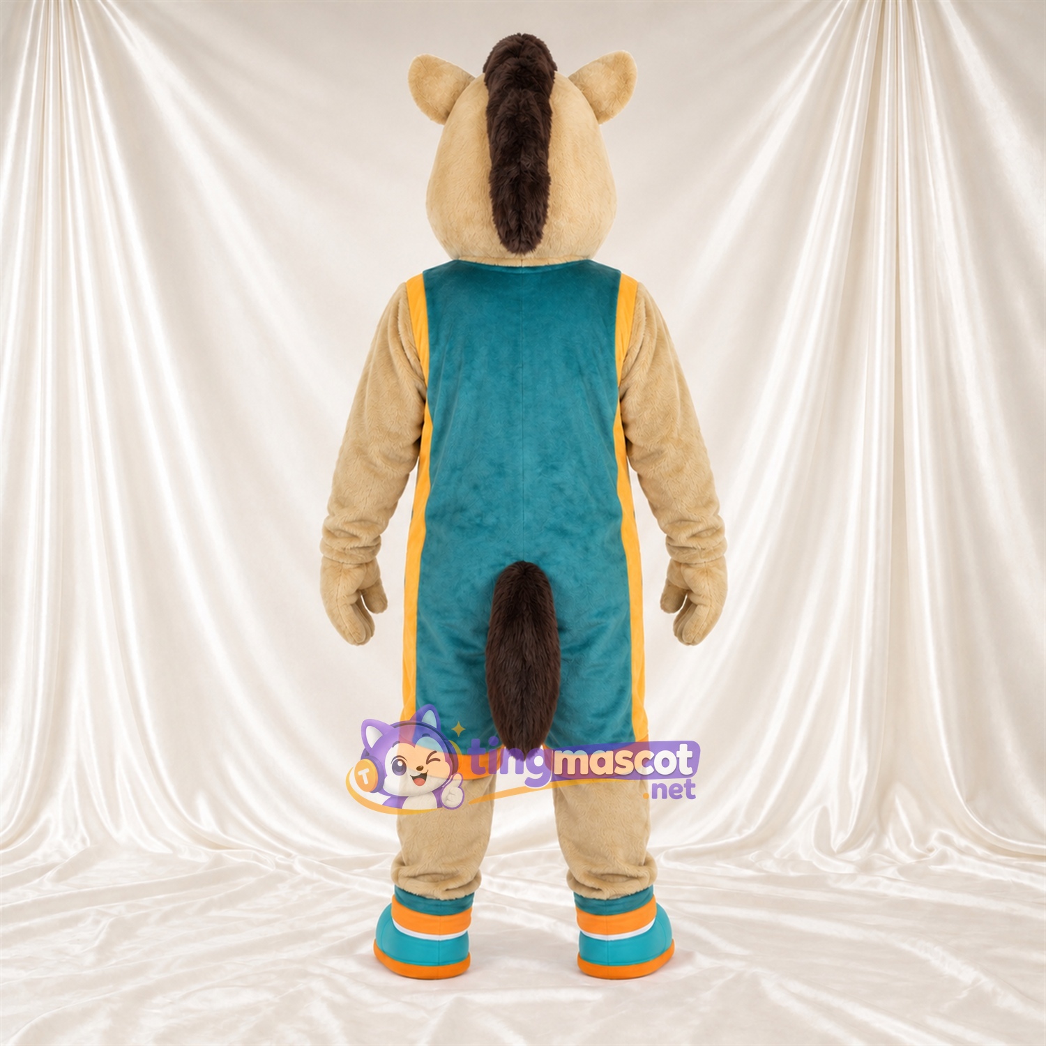 Costume de mascotte Cheval – brun clair – Salopette (bleu canard) Costume de mascotte Cheval – brun clair – Salopette (bleu canard)