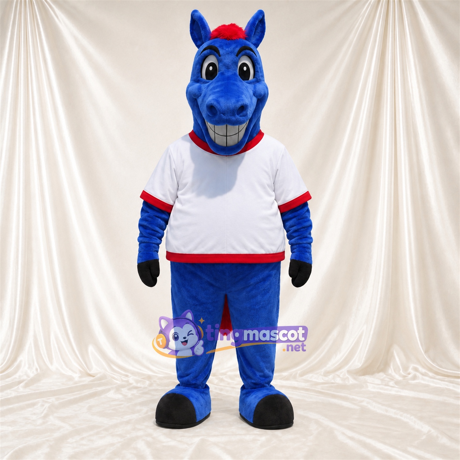 Costume de mascotte Cheval – bleu – Chemise (blanc); Crinière (rouge) Costume de mascotte Cheval – bleu – Chemise (blanc); Crinière (rouge)