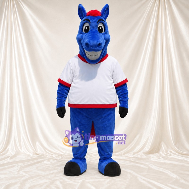 Costume de mascotte Cheval – bleu – Chemise (blanc); Crinière (rouge) Costume de mascotte Cheval – bleu – Chemise (blanc); Crinière (rouge)