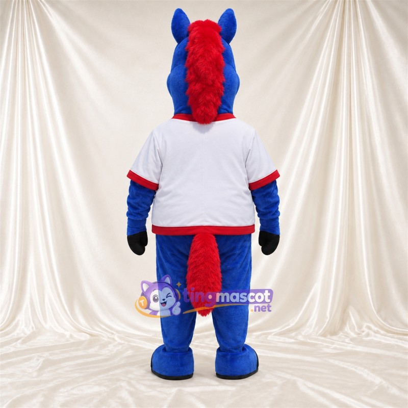 Costume de mascotte Cheval – bleu – Chemise (blanc); Crinière (rouge) Costume de mascotte Cheval – bleu – Chemise (blanc); Crinière (rouge)