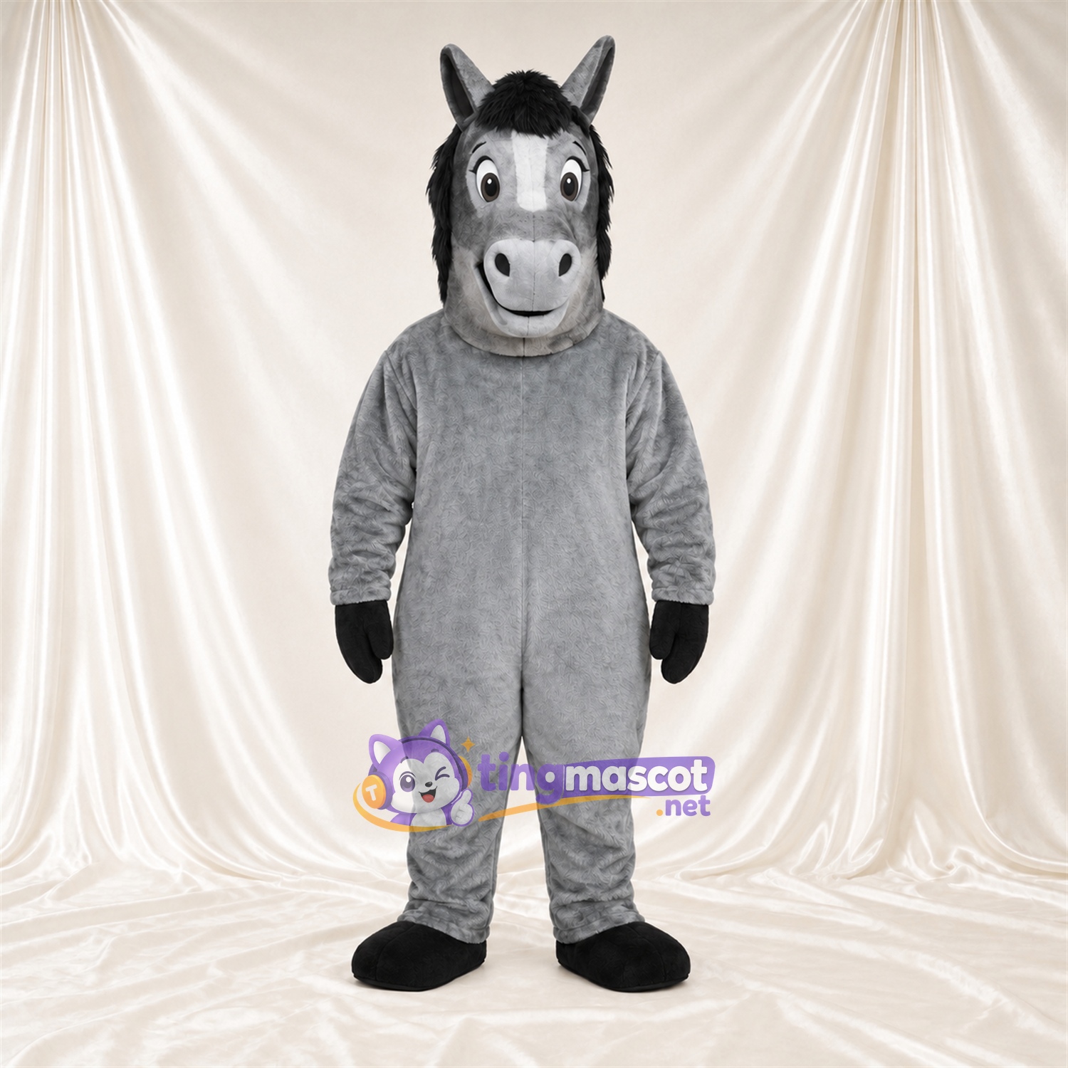 Costume de mascotte Cheval – gris – Crinière (noir); Gants (noir) Costume de mascotte Cheval – gris – Crinière (noir); Gants (noir)