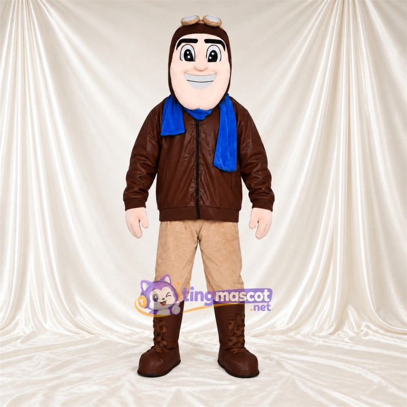 Aviator Mascot Costume - Brown Jacket and Blue Scarf Aviator Mascot Costume - Brown Jacket and Blue Scarf