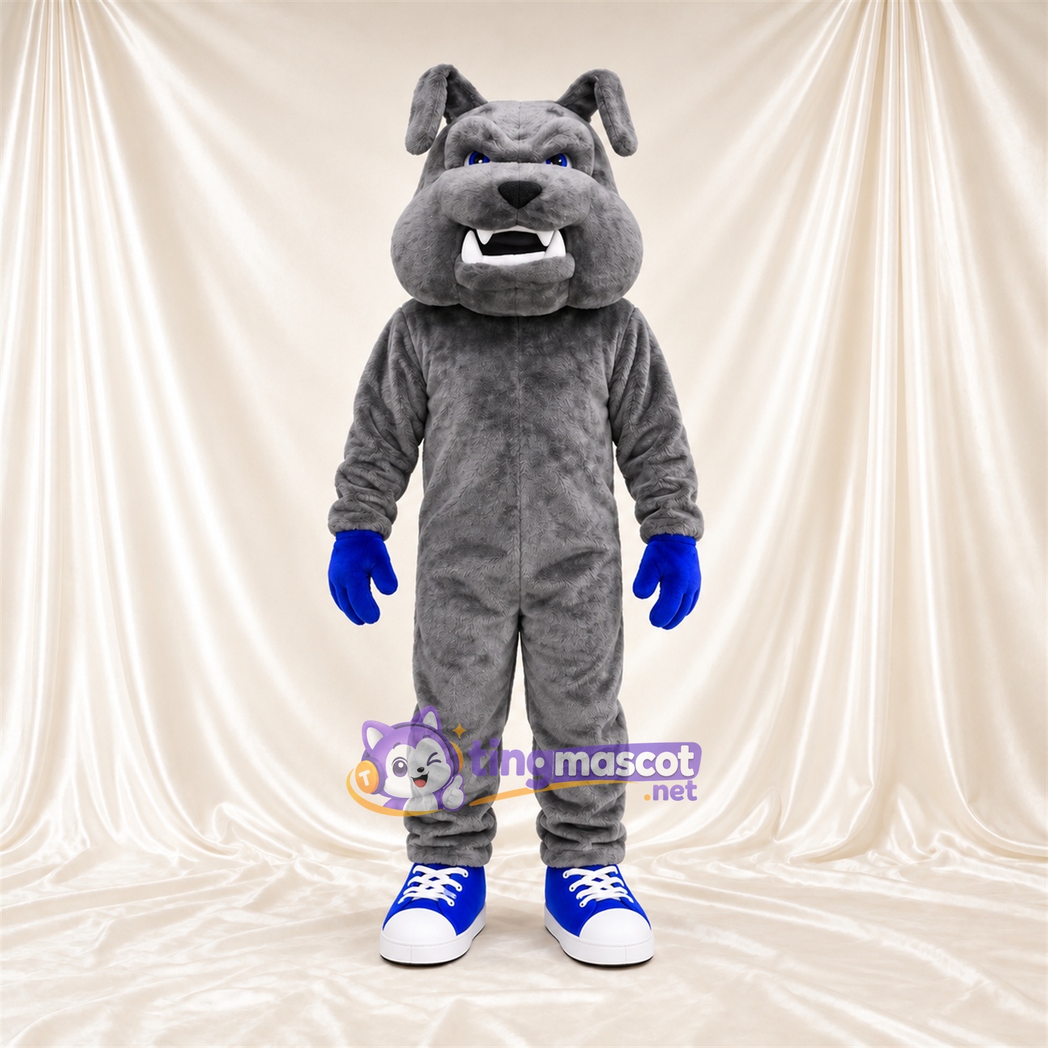 Costume de mascotte Bouledogue – gris – Gants (bleu) Costume de mascotte Bouledogue – gris – Gants (bleu)