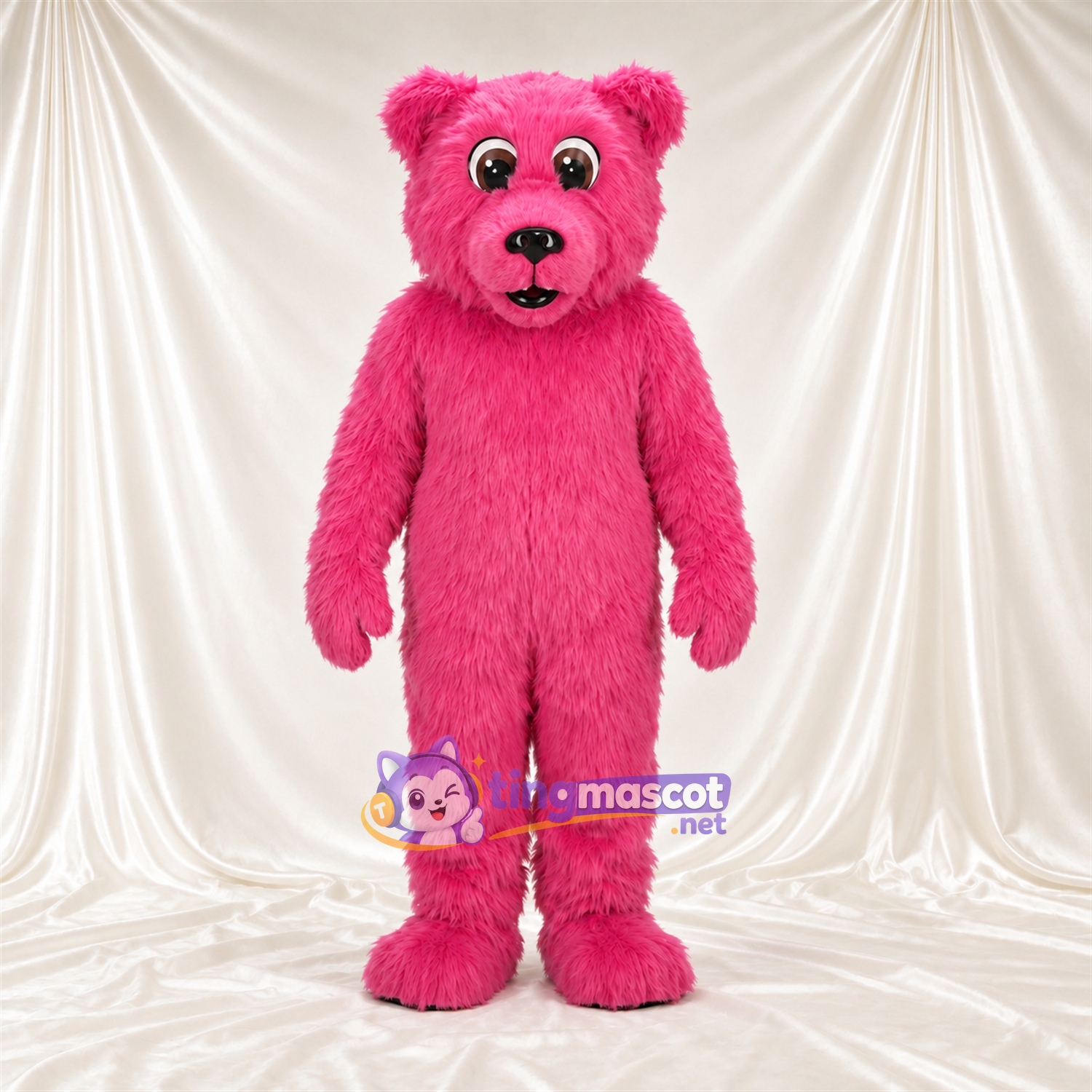 Maskottchenkostüm Bär – rosa – Nase (schwarz); Zottelfell Maskottchenkostüm Bär – rosa – Nase (schwarz); Zottelfell