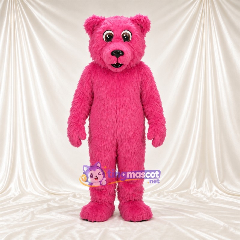 Maskottchenkostüm Bär – rosa – Nase (schwarz); Zottelfell Maskottchenkostüm Bär – rosa – Nase (schwarz); Zottelfell