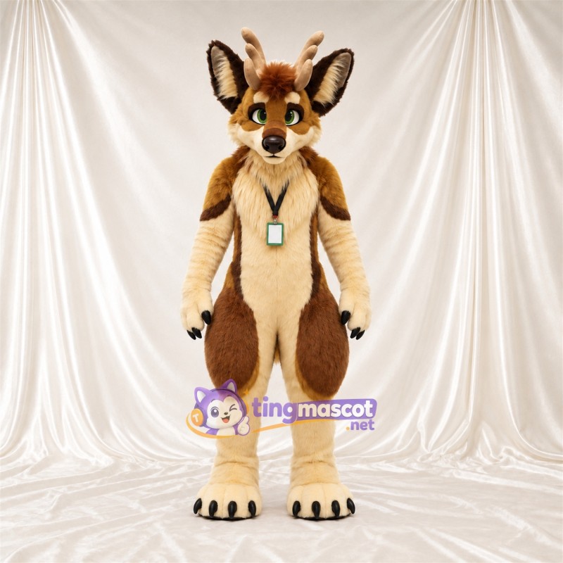 Brown and Cream Antlered Fox Mascot Costume - Antlers and Neck Pendant Brown and Cream Antlered Fox Mascot Costume - Antlers and Neck Pendant