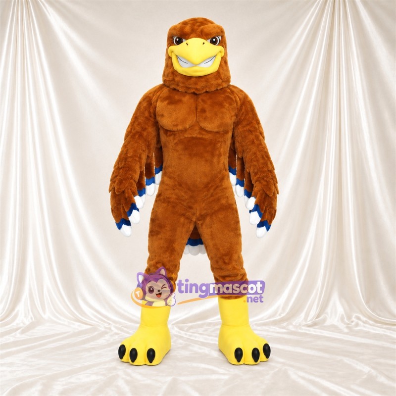 Maskottchenkostüm Adler – braun – Füße (gelb); Flügelspitzen (blau) Maskottchenkostüm Adler – braun – Füße (gelb); Flügelspitzen (blau)