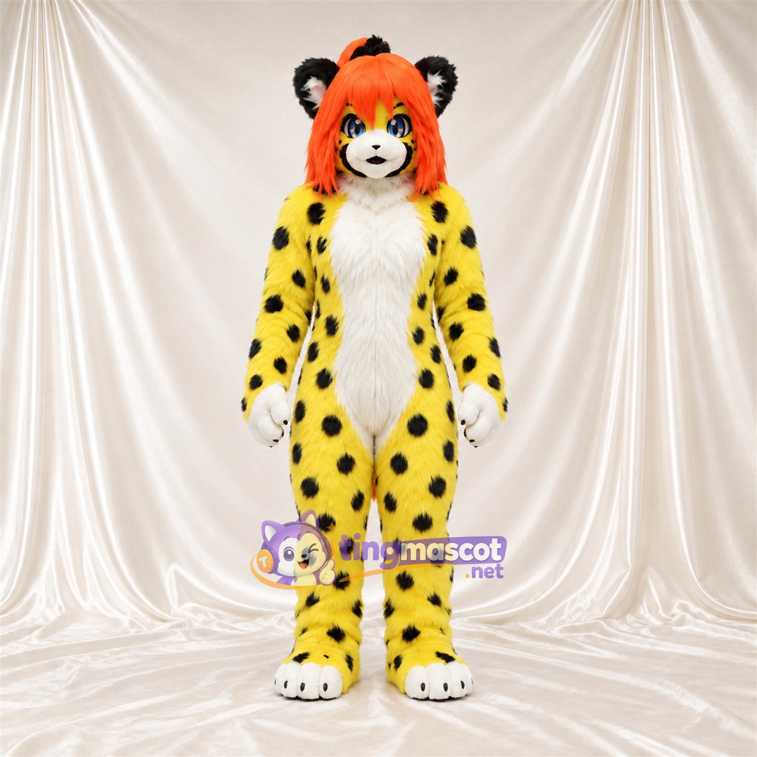 Maskottchenkostüm Gefleckte Katze – gelb – Haare (orange) Maskottchenkostüm Gefleckte Katze – gelb – Haare (orange)