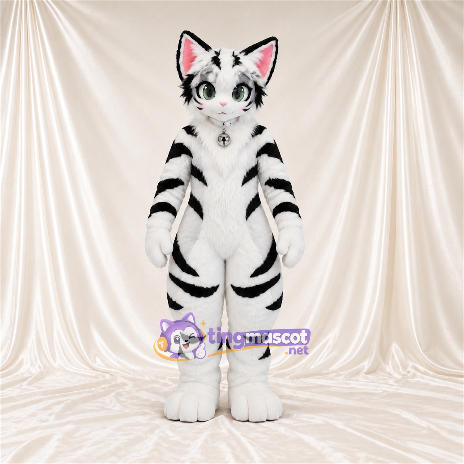 Costume de mascotte Tigre – blanc – Rayures (noir); Intérieur des oreilles (rose) Costume de mascotte Tigre – blanc – Rayures (noir); Intérieur des oreilles (rose)