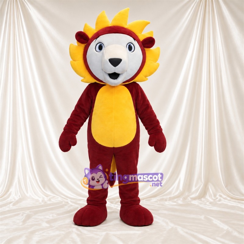 Costume de mascotte Lion – bordeaux – Crinière (jaune); Ventre Costume de mascotte Lion – bordeaux – Crinière (jaune); Ventre
