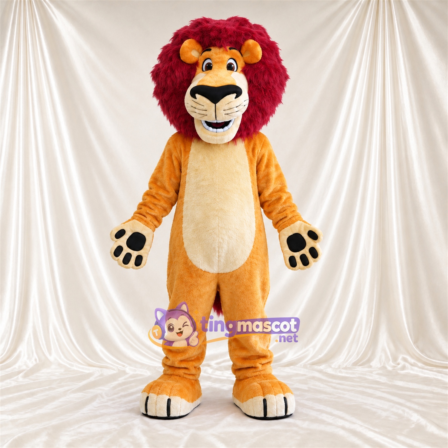 Costume de mascotte Lion – orange – Crinière (bordeaux) Costume de mascotte Lion – orange – Crinière (bordeaux)