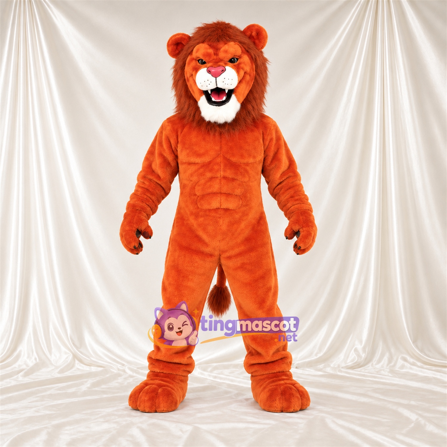 Costume de mascotte Lion – orange – Crinière (marron); Crocs pointus Costume de mascotte Lion – orange – Crinière (marron); Crocs pointus