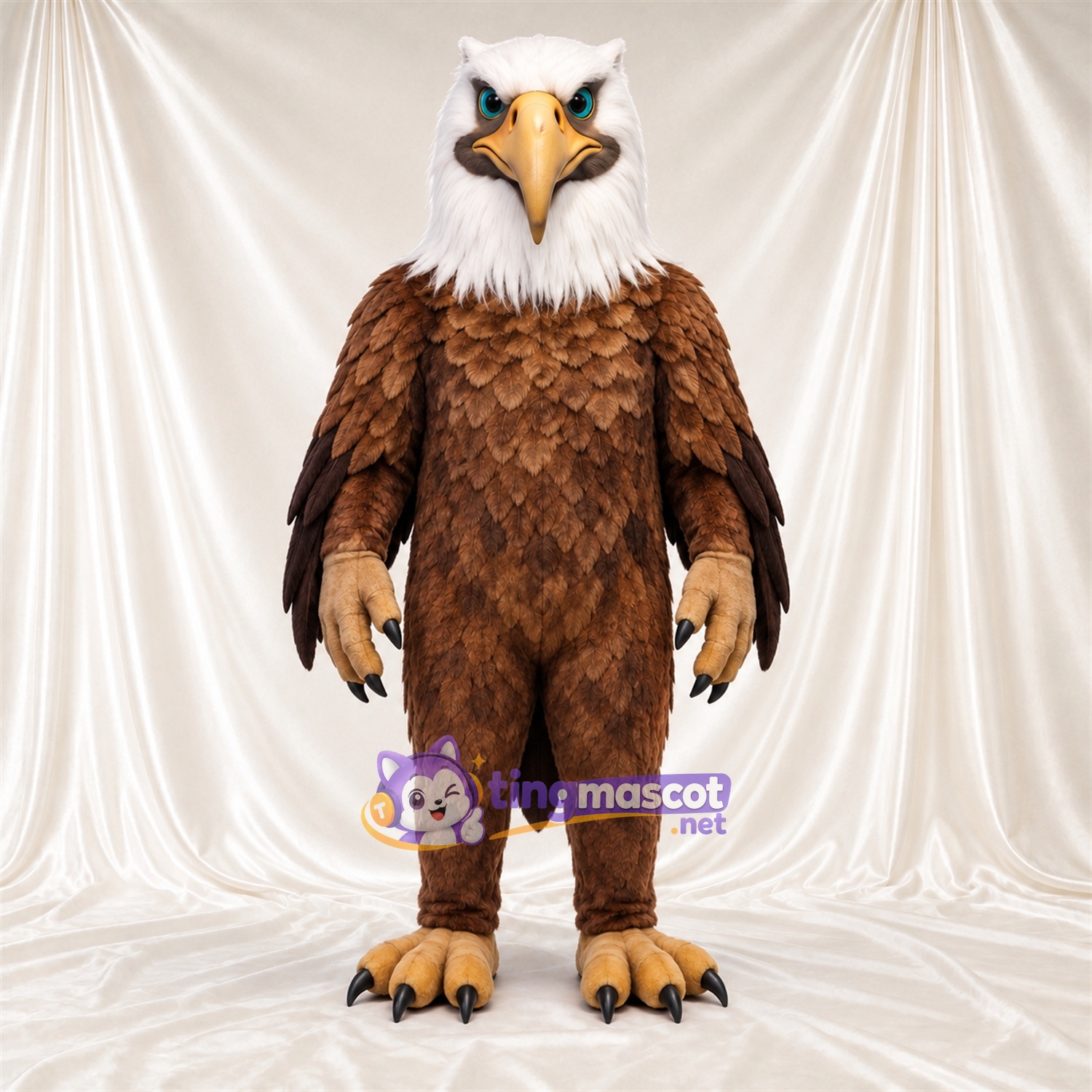 Costume de mascotte Aigle – marron – Griffes (noir); Tête (blanc) Costume de mascotte Aigle – marron – Griffes (noir); Tête (blanc)