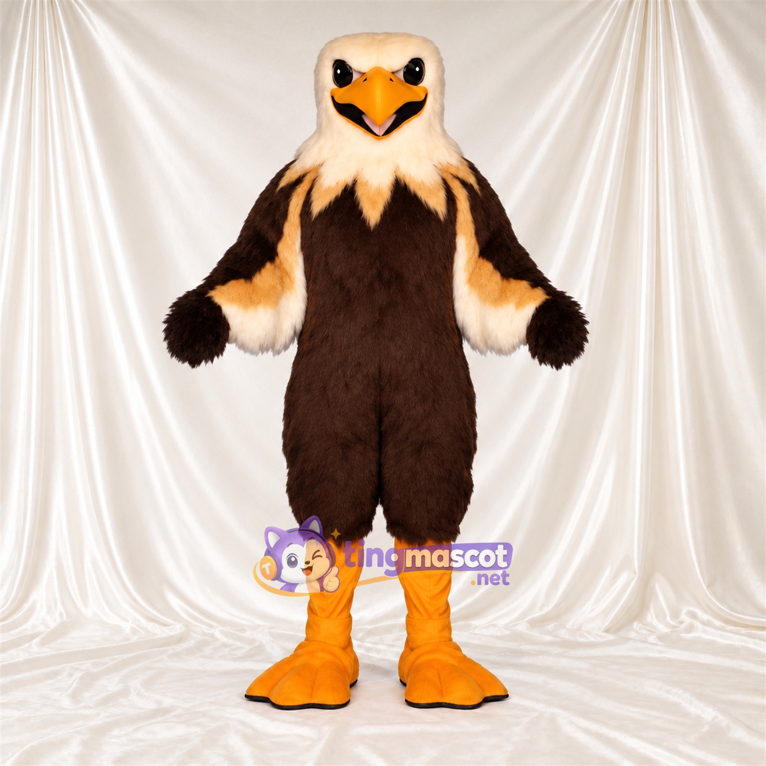 Costume de mascotte Aigle – marron – Pieds (orange); Tête (crème) Costume de mascotte Aigle – marron – Pieds (orange); Tête (crème)