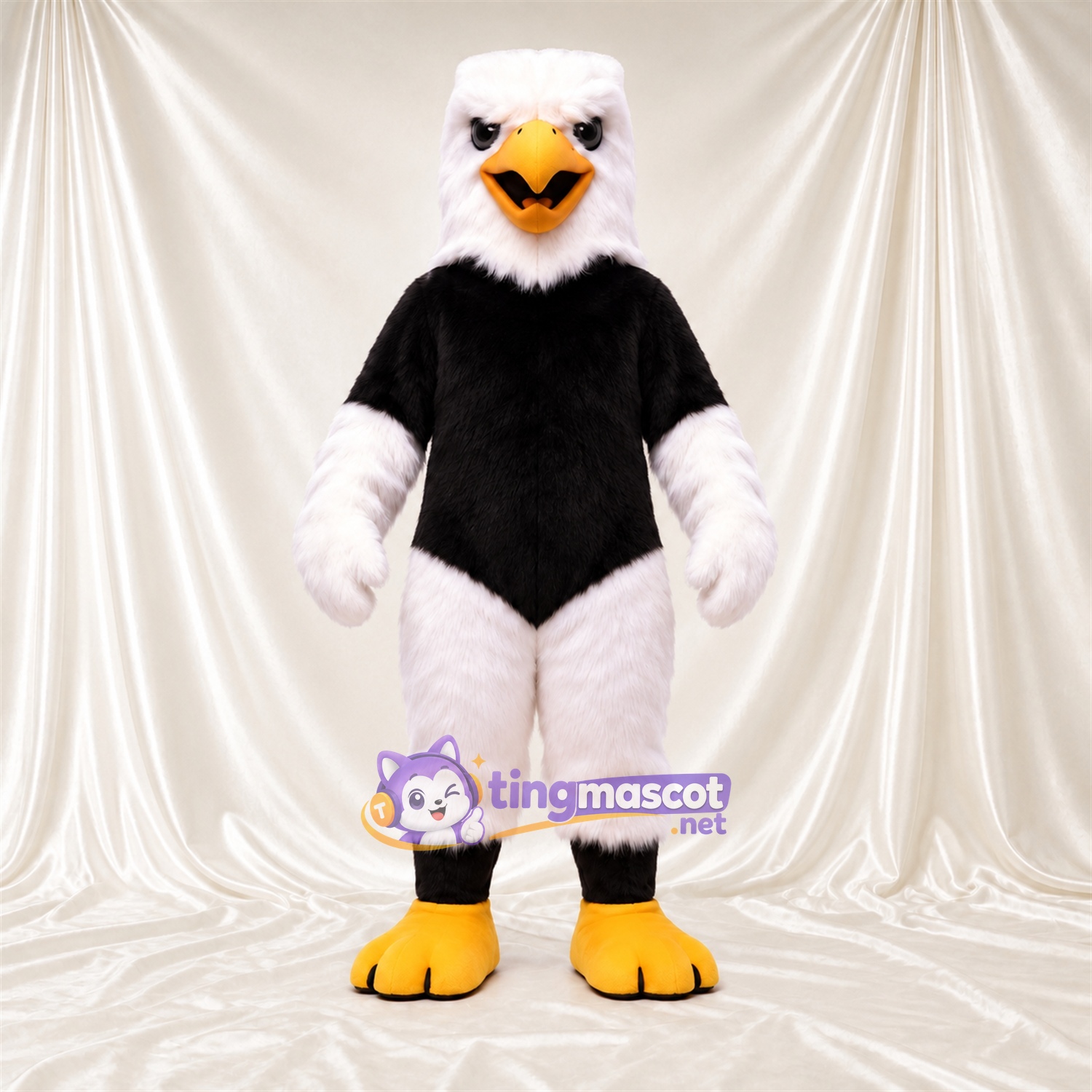 Costume de mascotte Aigle – noir / blanc – Mains (blanc); Bas des jambes (blanc) Costume de mascotte Aigle – noir / blanc – Mains (blanc); Bas des jambes (blanc)