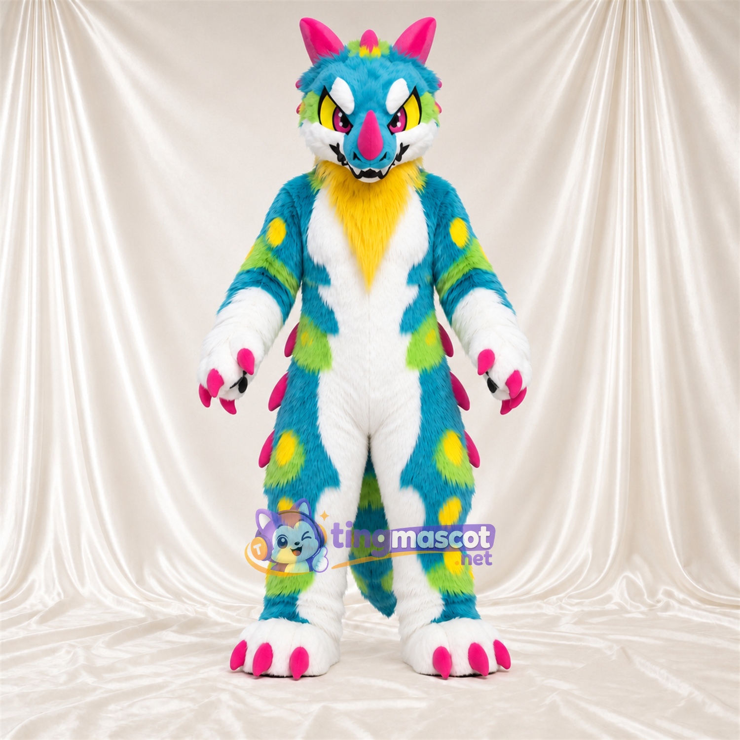 Maskottchenkostüm Drache – mehrfarbig – Stacheln (rosa); Hörner Maskottchenkostüm Drache – mehrfarbig – Stacheln (rosa); Hörner